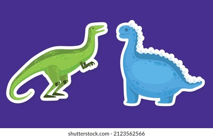 Dinosaur Character Sticker Isolated on Blue Background Vector Set