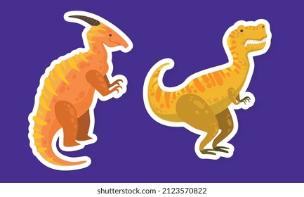 Dinosaur Character Sticker Isolated on Blue Background Vector Set