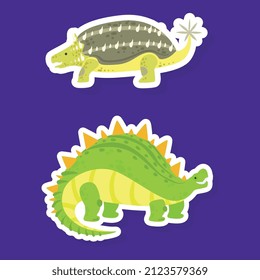 Dinosaur Character Sticker Isolated on Blue Background Vector Set