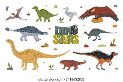 Dinosaur characters. Isolated cartoon vector pteranodon, isanosaurus and ankylosaurus or oviraptor with brontosaurus funny colorful dino personages. Ancient animals and birds of prehistoric era
