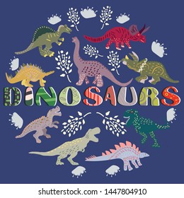 Dinosaur characters in round shape on blue background. Word dinosaurs. Greeting card, poster design element. Vector