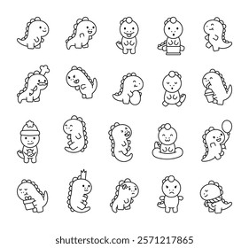 Dinosaur characters set featuring smiling faces, emotions, activities, chef hat, balloon, gift, crown, patch, takeaway cup, egg, swimming pool and poses for creative designs projects