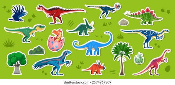 Dinosaur characters stickers of cartoon prehistoric dino lizards, vector icons. Kids funny dinosaurs collection of Jurassic dino lizards and eggs of cartoon allosaurus, stegosaurus and datousaurus