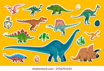 Dinosaur characters stickers. Cartoon vector isolated patches set of vibrant baby and adults dino, ancient reptile animal species and prehistoric elements like eggs and foliage on orange background