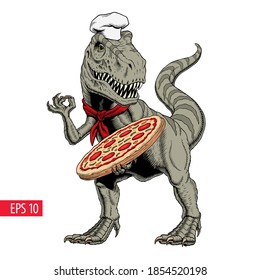 Dinosaur chef with pizza. Tyrannosaurus pizzaiolo comic style vector illustration.