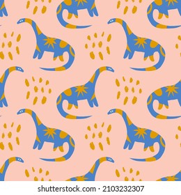 Dinosaur Childish Cartoon Groovy Doodle Boho Seamless Pattern Naive Funky Handdrawn Style Art Vector