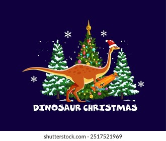 Dinosaur Christmas greetings, funny dino Santa with gift for winter holiday, cartoon vector. Jurassic dino lizard or happy dinosaur with Christmas pine tree, snowflakes and gift in candy wrapper