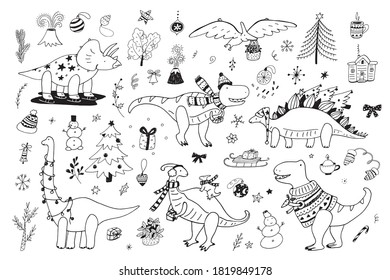 Dinosaur christmas happy new year doodle hand drawn illustrations line vector set