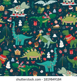 Dinosaur christmas happy new year doodle seamless hand drawn vector pattern