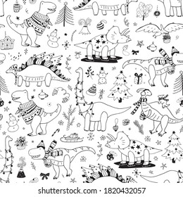 Dinosaur christmas happy new year doodle seamless hand drawn vector line pattern