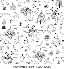Dinosaur christmas  happy new year doodle seamless hand drawn vector line pattern