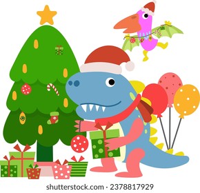 Dinosaur christmas happy new year, Dino clipart