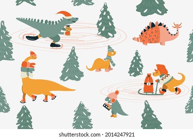 Dinosaur Christmas Set. New Year seamless pattern with cute Dino and other fantastic winter elements: gifts, christmas tree, skates, finnish sleigh. Vector illustration in simple hand-drawn style.