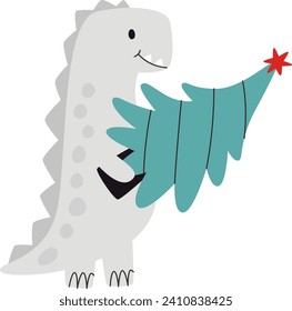Dinosaurio Con Ilustración Del Vector De Árbol De Navidad