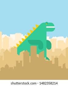 Dinosaur in city cartoon. Dino in town. Dragon and buildings