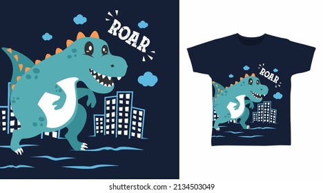 Dinosaur in city cartoon tshirt design concept