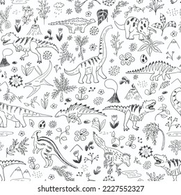 Dinosaur collection vector line  seamless pattern.