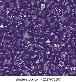 Dinosaur collection vector line seamless pattern.