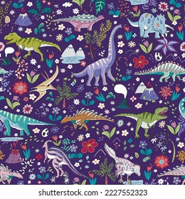 Dinosaur collection vector seamless pattern.