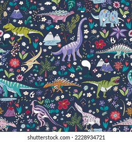 Dinosaur collection vector seamless pattern.