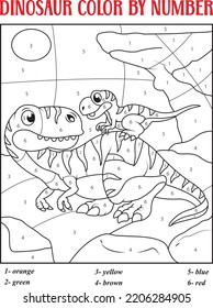 Dinosaur Color by Number activity. Cute dinosaur coloring page for kids. Printable design coloring book. Coloring puzzle with numbers of color.