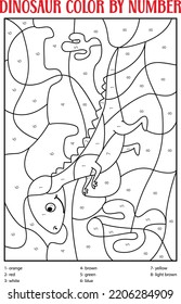 Dinosaur Color by Number activity. Cute dinosaur coloring page for kids. Printable design coloring book. Coloring puzzle with numbers of color.