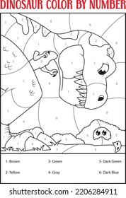 Dinosaur Color by Number activity. Cute dinosaur coloring page for kids. Printable design coloring book. Coloring puzzle with numbers of color.