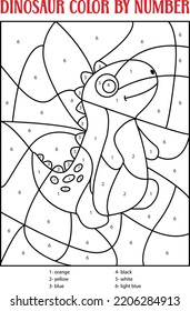 Dinosaur Color by Number activity. Cute dinosaur coloring page for kids. Printable design coloring book. Coloring puzzle with numbers of color.
