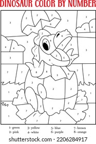 Dinosaur Color by Number activity. Cute dinosaur coloring page for kids. Printable design coloring book. Coloring puzzle with numbers of color.