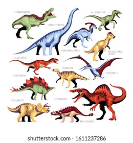 Dinosaur color cartoon set of different kinds of jurassic fossils persons with description isolated vector illustration