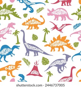 Dinosaur color seamless pattern. Hand drawn vector dinosaurs on white background. Pattern with Tyrannosaurus Rex, Stegosaurus, Brachiosaurus, Triceratops, and Pterodactyl cartoons.