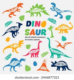 Dinosaur color set. Vector dinosaurs on white background. Tyranosaurus Rex, Stegosaurus, Brachiosaurus, Triceratops, and Pterodactyl cartoons.