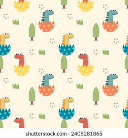 Dinosaur colorful in dinosaur egg shell cartoon so cute. On tree grass background. Pattern seamless vector illustration. 
