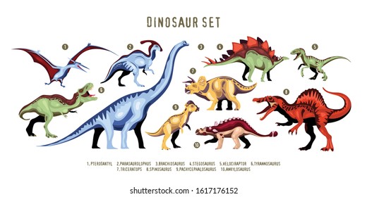 Dinosaur colorful ten characters of extinct predator of jurassic period with designation isolated vector illustration