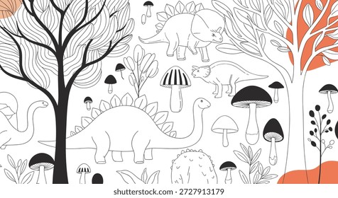 Página do livro de colorir dinossauros com criaturas pré-históricas como stegosaurus e triceratops em uma paisagem de floresta detalhada com cogumelos.