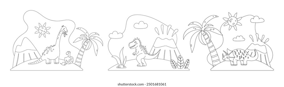 Dinosaur Coloring book Set. Coloring Pages for Kids Line art, contour graphics. Vector illustration.