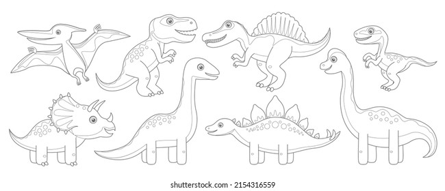 Dinosaur coloring page. Cartoon vector  outline dinosaur. Stegosaurus, Brachiosaurus, Pteranodon, Velociraptor, Tyrannosaurus, Triceratops, Brontosaurus, Spinosaurus. Coloring book for kids.