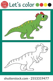 Dinosaur coloring page for children with allosaurus. Vector prehistoric outline illustration. Simple color book for kids with colored example. Drawing skills printable worksheet with allosaur