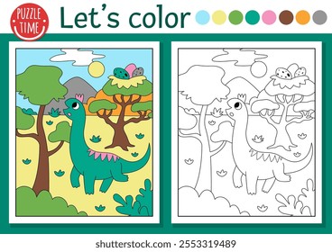 Dinosaur coloring page for children with brachiosaur. Vector outline illustration with prehistoric landscape. Color book for kids with colored example. Drawing skills printable worksheet