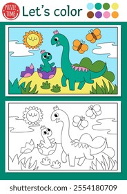 Dinosaur coloring page for children with brachiosaur, baby. Vector outline illustration with prehistoric landscape. Color book for kids with colored example. Drawing skills printable worksheet