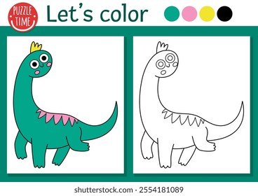 Dinosaur coloring page for children with brachiosaurus. Vector prehistoric outline illustration. Simple color book for kids with colored example. Drawing skills printable worksheet with diplodocus