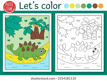 Dinosaur coloring page for children with brontosaur. Vector outline illustration with prehistoric landscape. Color book for kids with colored example. Drawing skills printable worksheet