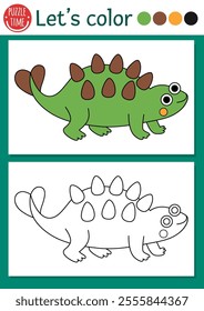 Dinosaur coloring page for children with brontosaur. Vector prehistoric outline illustration. Simple color book for kids with colored example. Drawing skills printable worksheet with brontosaurus