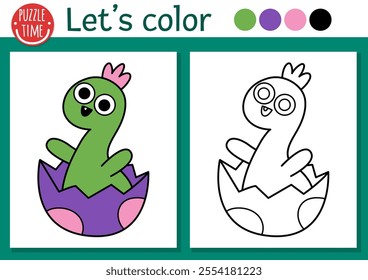 Dinosaur coloring page for children with hatching little brachiosaurus. Vector prehistoric outline illustration. Simple color book for kids with colored example. Drawing skills printable worksheet