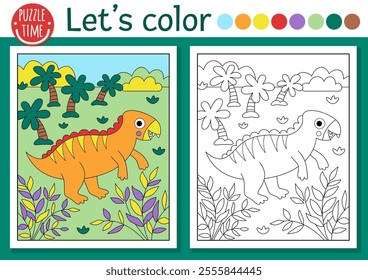 Dinosaur coloring page for children with iguanodon. Vector outline illustration with prehistoric landscape. Color book for kids with colored example. Drawing skills printable worksheet