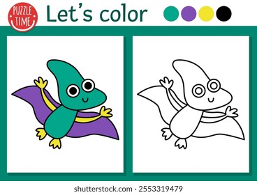 Dinosaur coloring page for children with little baby pterosaur. Vector prehistoric outline illustration. Simple color book for kids with colored example. Drawing skills printable worksheet