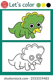 Dibujo de dinosaurio para colorear para niños con triceratops bebé. Ilustración de contorno prehistórico de Vector. Libro de color simple para niños con ejemplo de color. Hoja de trabajo imprimible de habilidades de dibujo