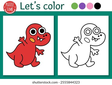 Dinosaur coloring page for children with little baby tyrannosaur. Vector prehistoric outline illustration. Simple color book for kids with colored example. Drawing skills printable worksheet