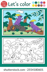 Dinosaur coloring page for children with Parasaurolophus couple. Vector outline illustration with prehistoric landscape. Color book for kids with colored example. Drawing printable worksheet