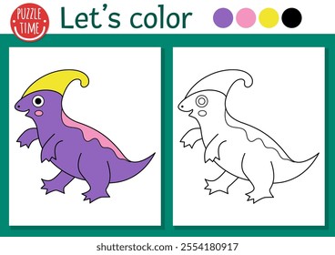 Dinosaur coloring page for children with Parasaurolophus. Vector prehistoric outline illustration. Simple color book for kids with colored example. Drawing skills printable worksheet